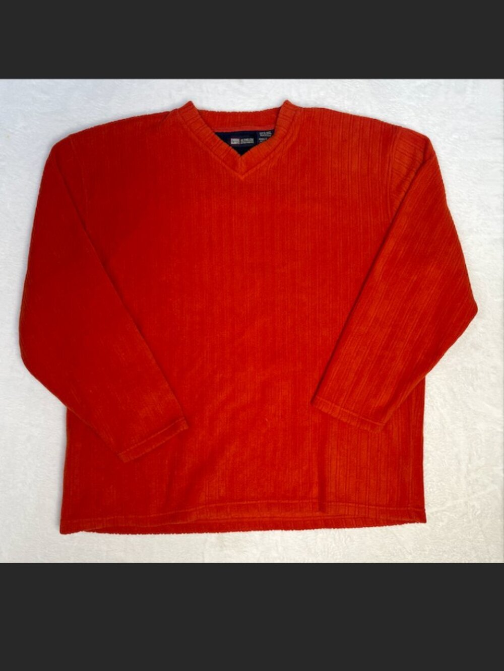 VTG Y2k Faded Glory Orange Pinstripe Vneck Fleece Preppy Jock Rugby sz L Fall
